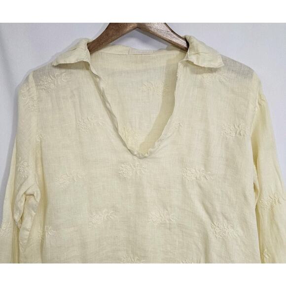 CP Shades Yellow Linen Embroidered Long Sleeve V-neck Boxy Oversized Top Size XS - Picture 2 of 7